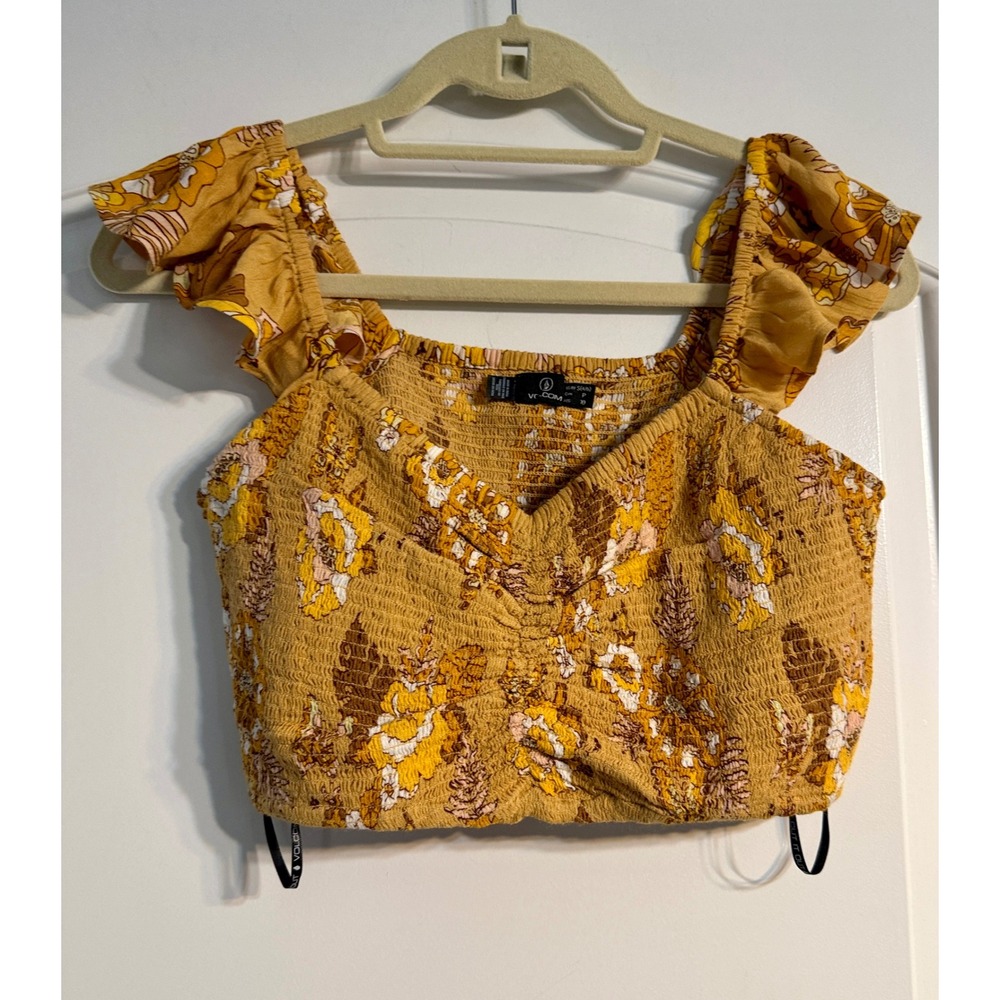Volcom Smocked Crop Top Small Mustard Yellow Floral Ruffle Cap Boho Festival
